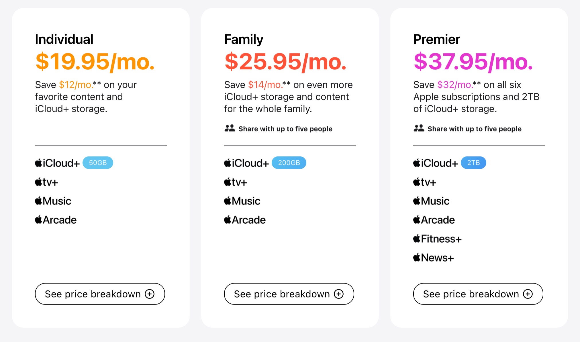 Apple One pricing grid A screenshot showing Apple One pricing grid