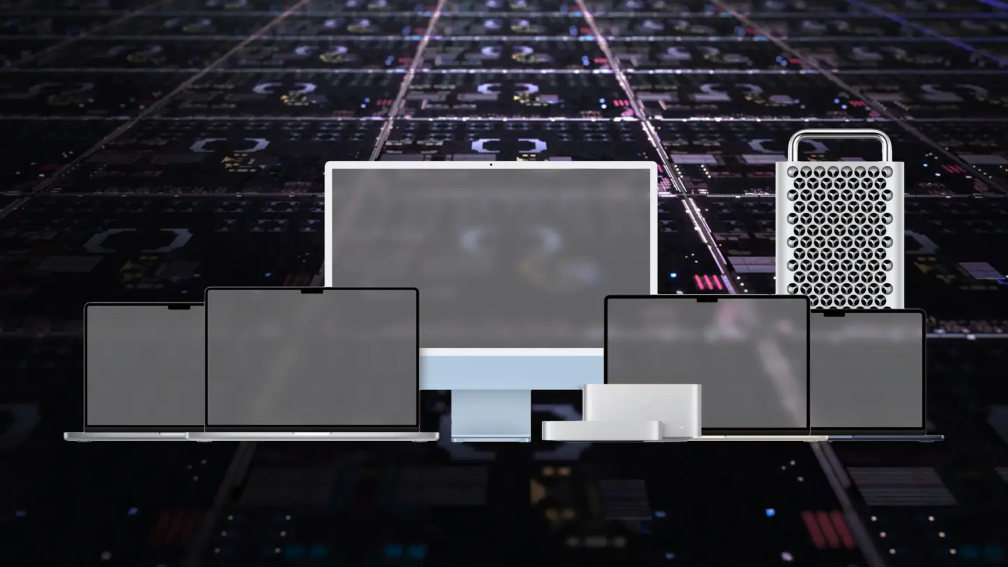 The Mac lineup on top of an image of a silicon fabrication die.