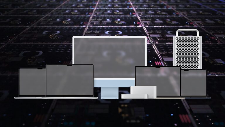 The Mac lineup on top of an image of a silicon fabrication die.