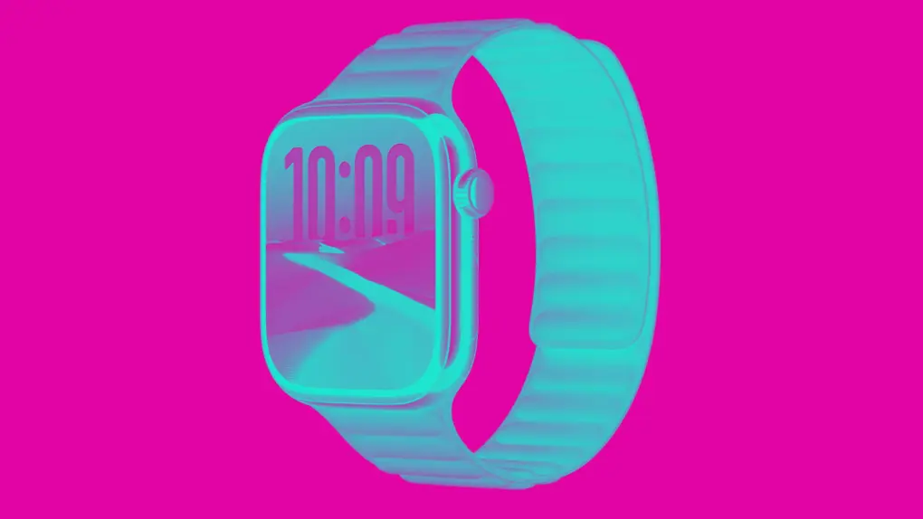 Chromo color processed (light blue on pink background) of Apple Watch Series 11 to illustrate post on Black Friday week 2025 deals