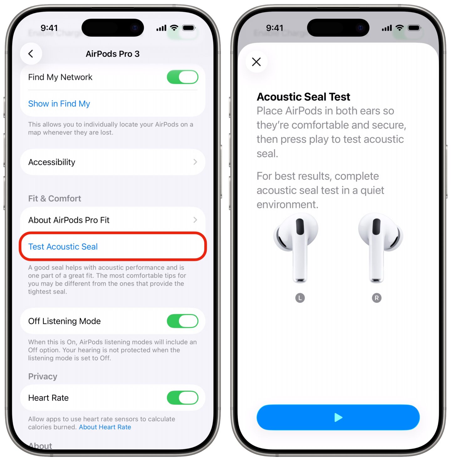 Testing the acoustic seal of AirPods Pro 3 in Settings