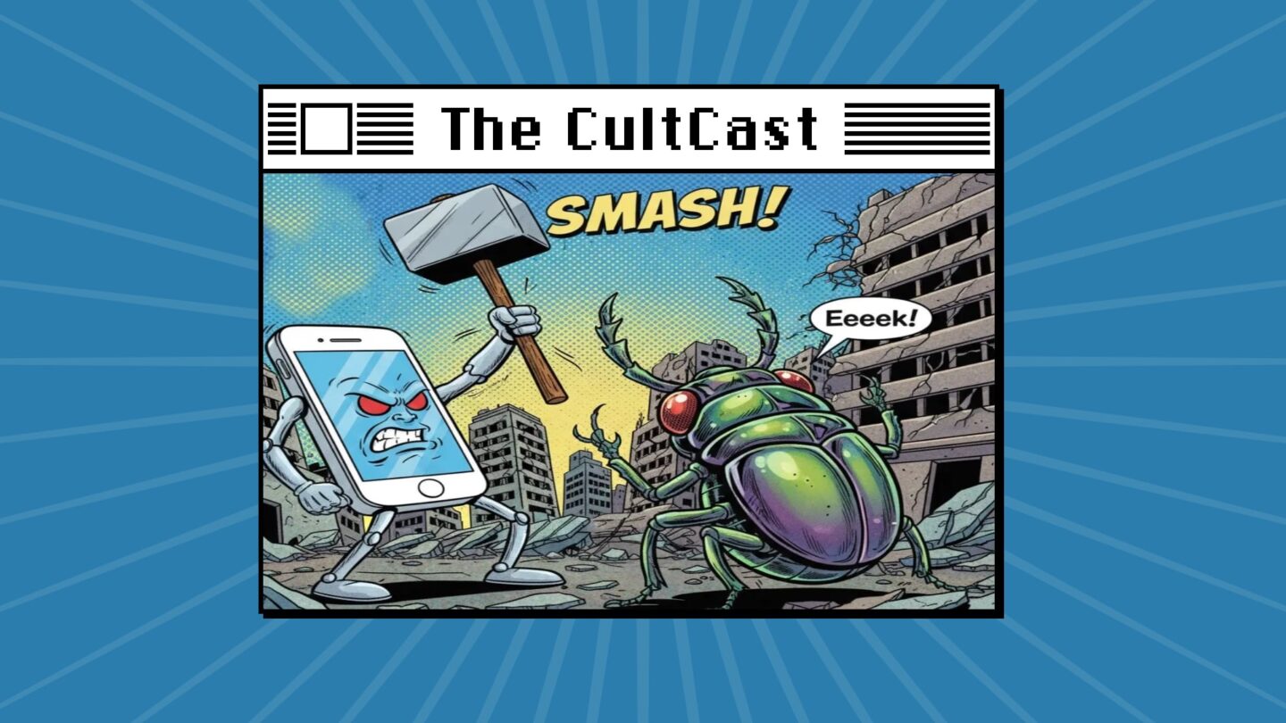 The CultCast logo, with a comic version of an iPhone hunting a bug in iOS 27