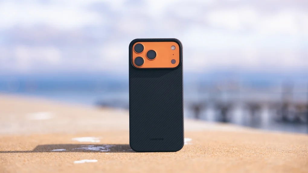 Photo of Thinborne iPhone 17 Pro aramid fiber super-thin case sitting on a table with blue sky in the background