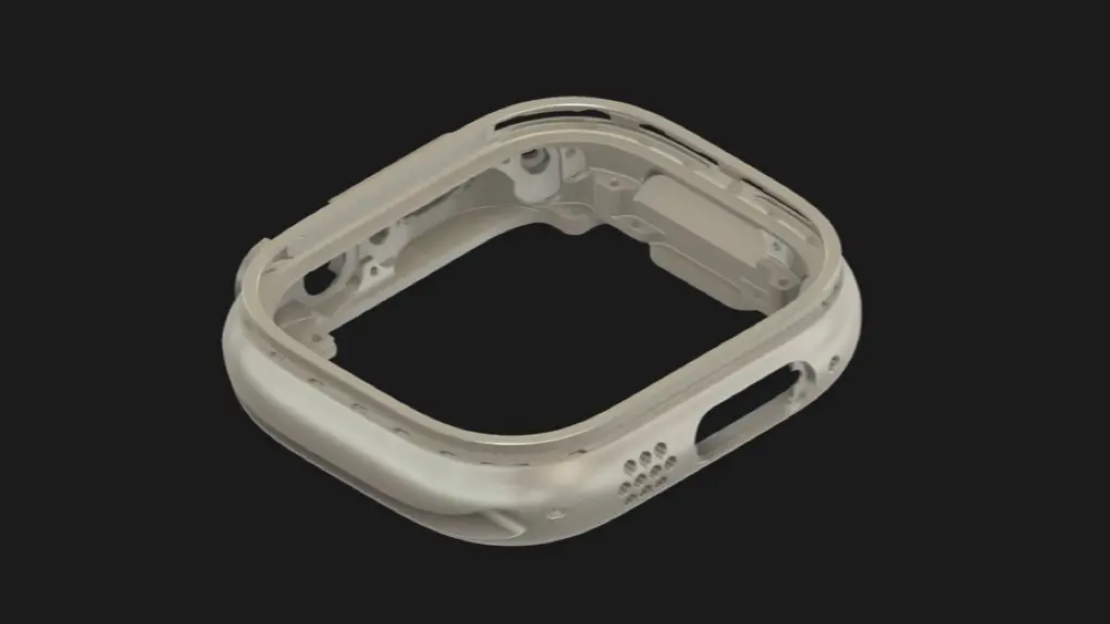Photo of a 3D-printed Apple Watch Ultra 3, created using a breakthrough production process that Apple says saves 400 metric tons of titanium a year