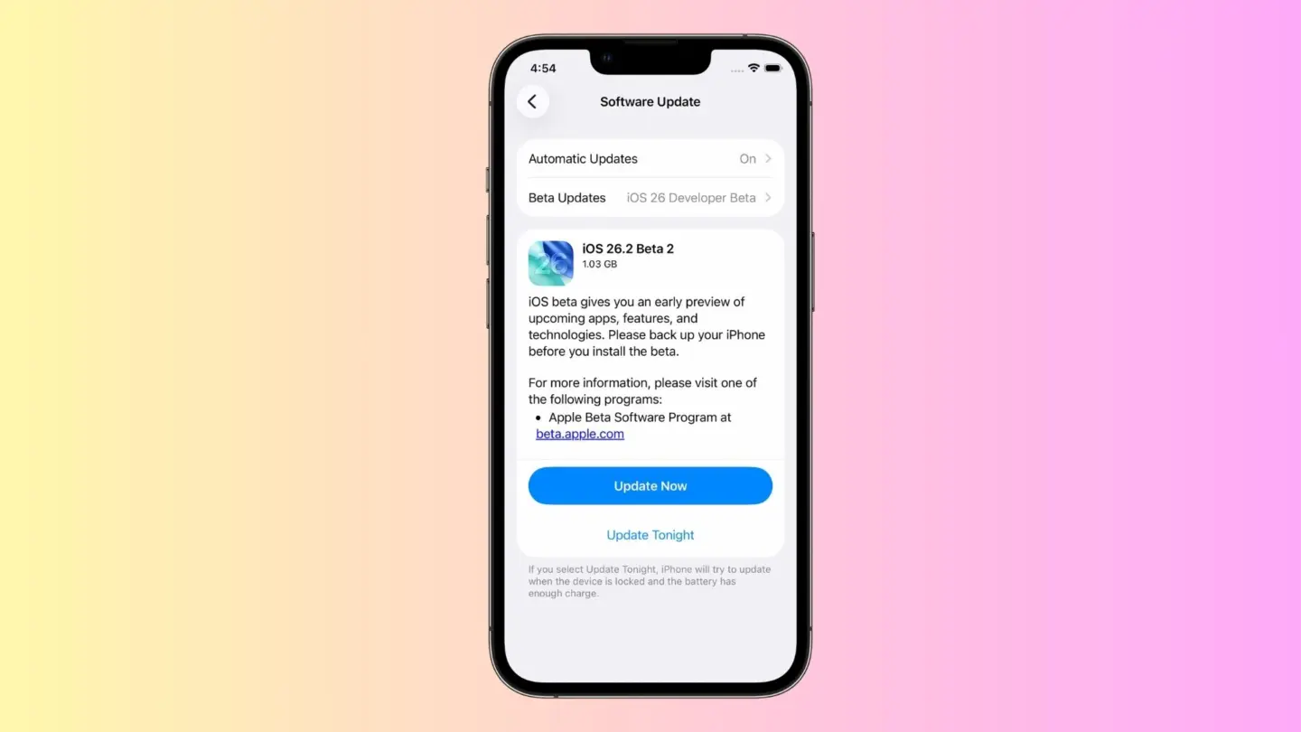 iPhone screenshot showing iOS 26.2 beta 2 download option
