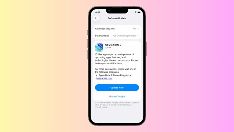 iPhone screenshot showing iOS 26.2 beta 2 download option