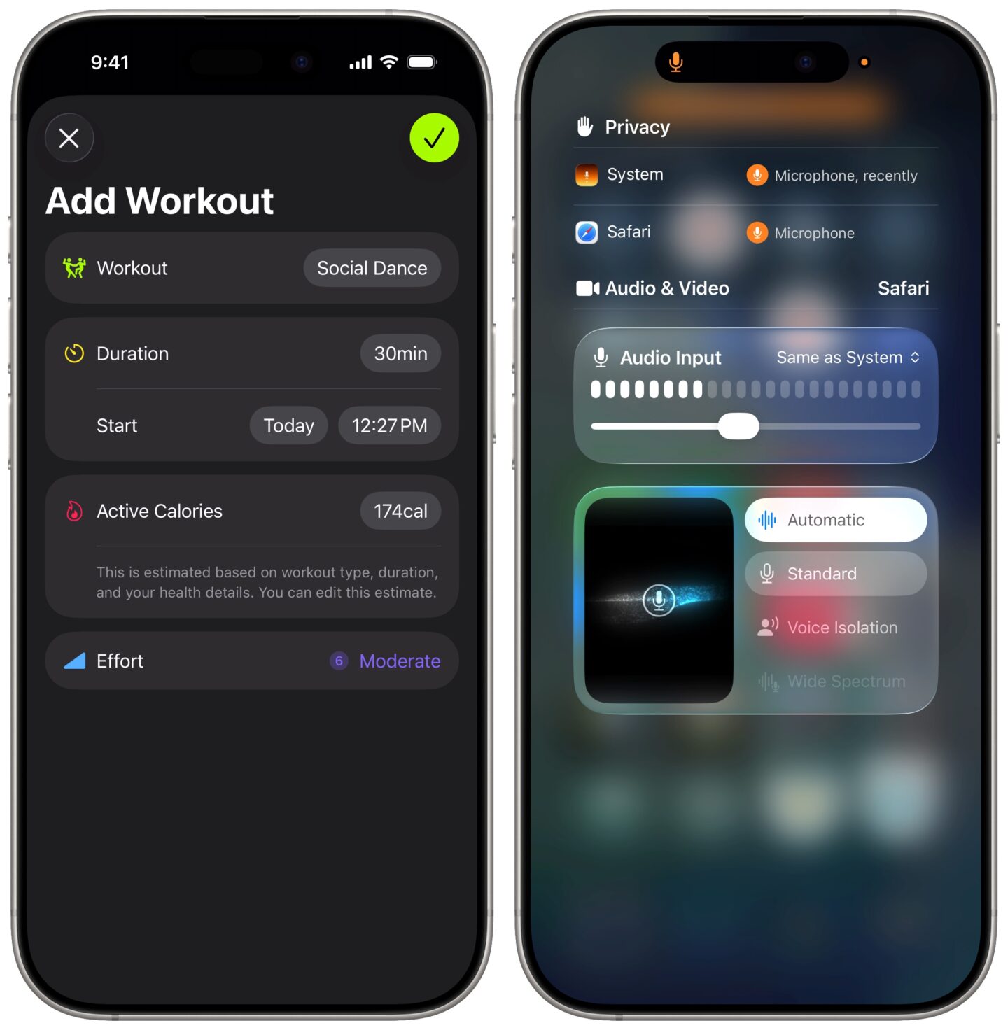 IOS 26.1 miscellaneous Logging a Fitness workout in iOS 26.1 (left) and adjusting microphone input gain (right)