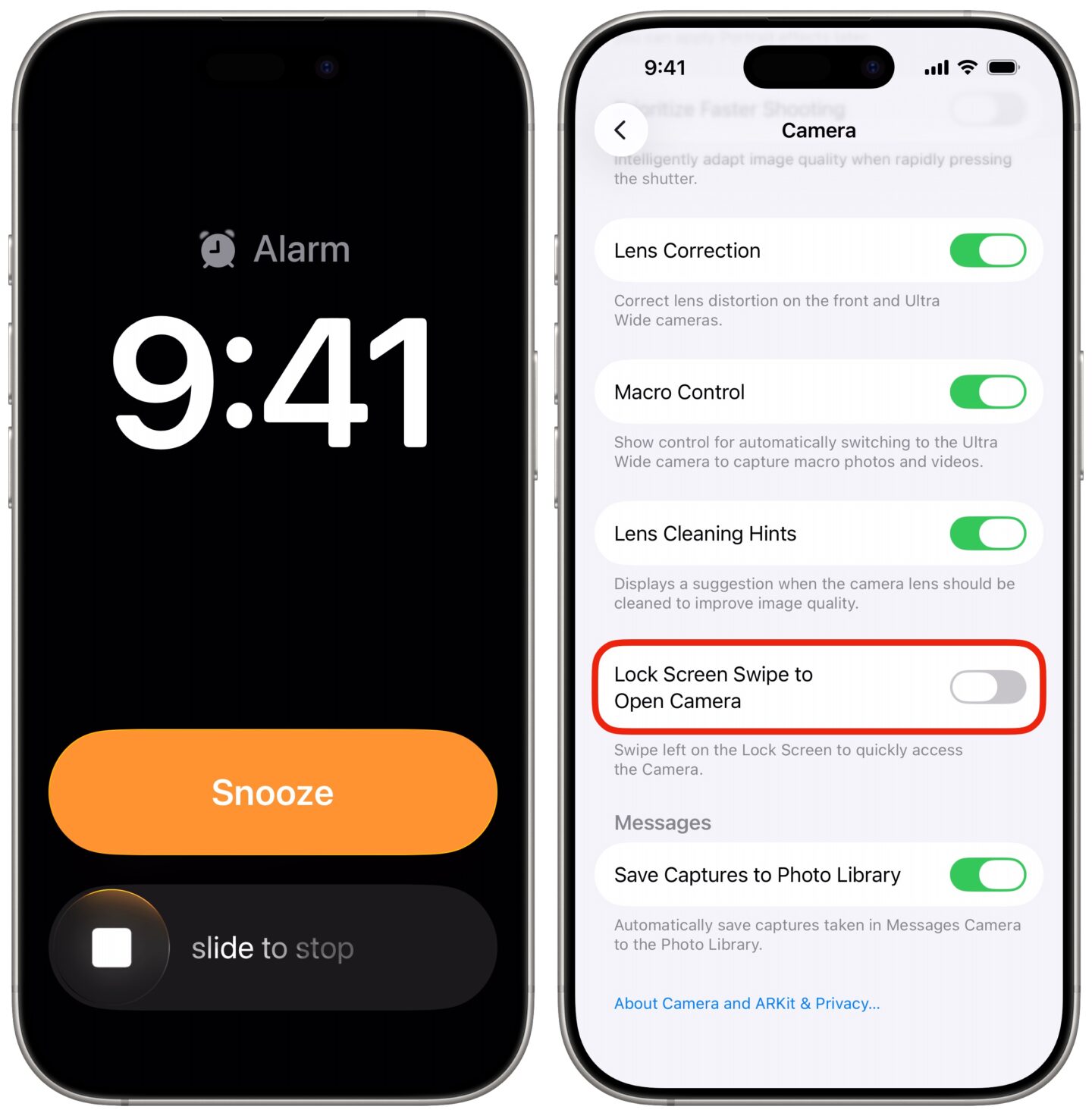 IOS 26.1 tweaks New iOS 26.1 alarm design (left) and the setting to disable Lock Screen swipe (right)