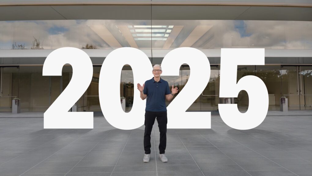 Tim Cook standing in front of Apple Park with a big “2025” behind him.
