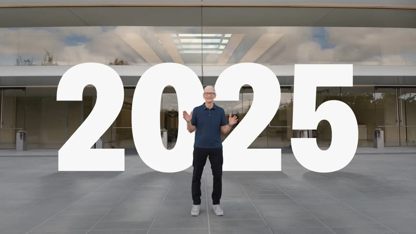 Tim Cook standing in front of Apple Park with a big “2025” behind him.