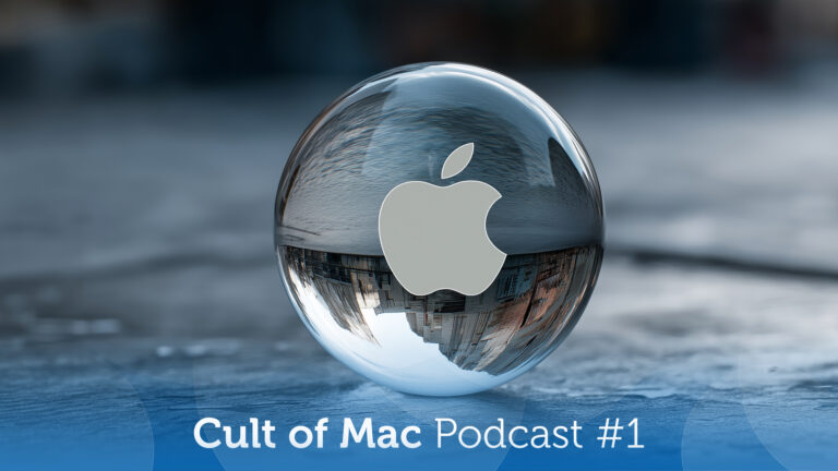 Image of a crystal ball with a translucent Apple logo, plus the words Cult of Mac podcast No. 1, used to illustrate a show notes post about Apple's new products coming in 2026.