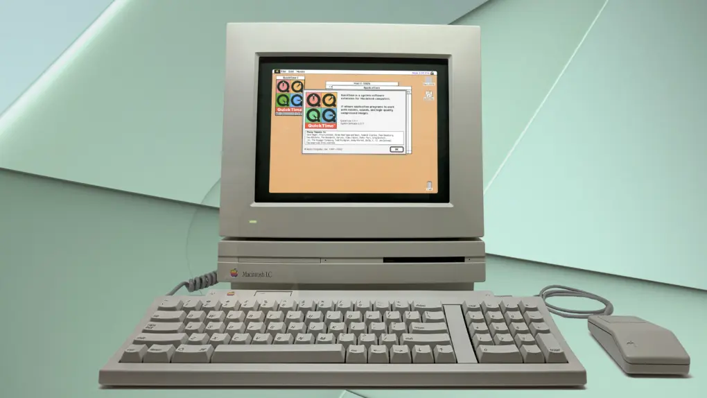 Edited image of a Macintosh LC running QuickTime