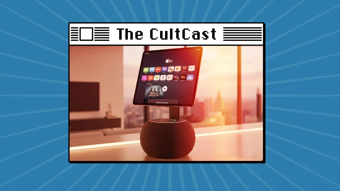 The CultCast logo along with concept art of rumored Apple device called "HomePad."