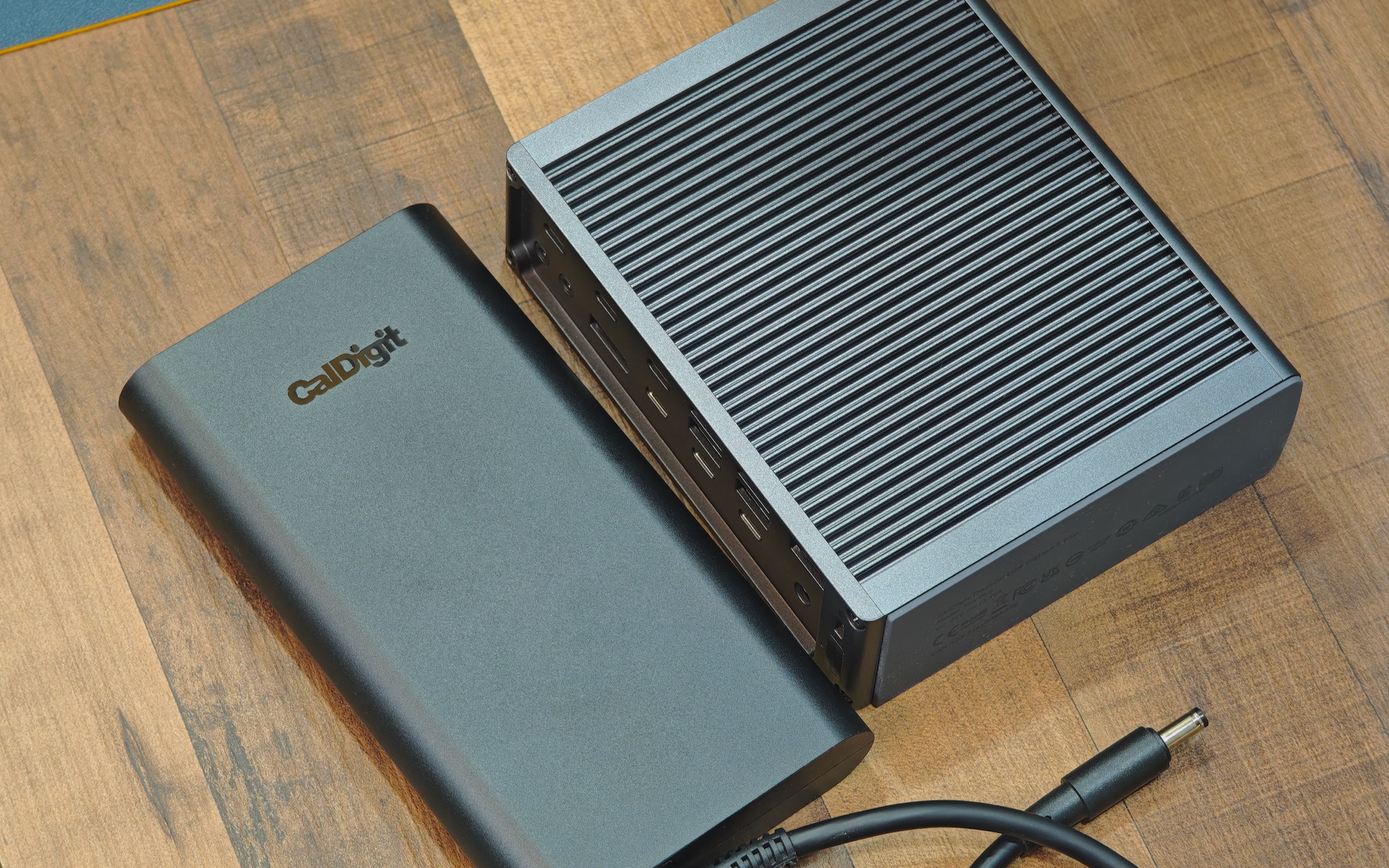 The CalDigit TS5 Plus ships with a hefty power brick.