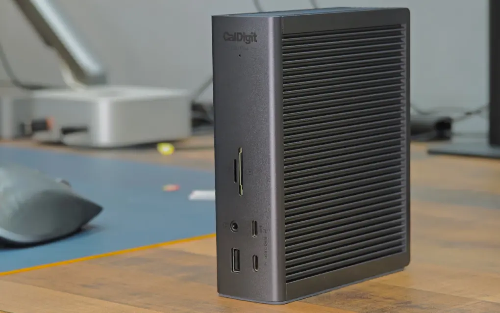 CalDigit TS5 Plus standing vertically on a table