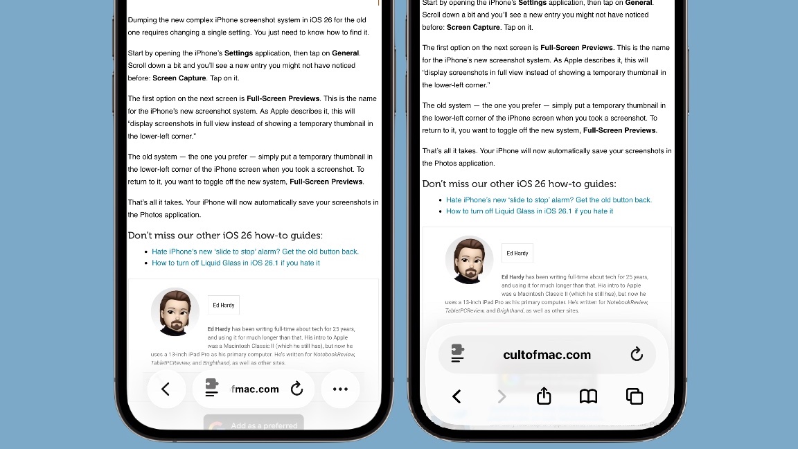 New vs. classic Safari toolbar on iPhone Two screenshots showing new vs. classic Safari toolbar on iPhone