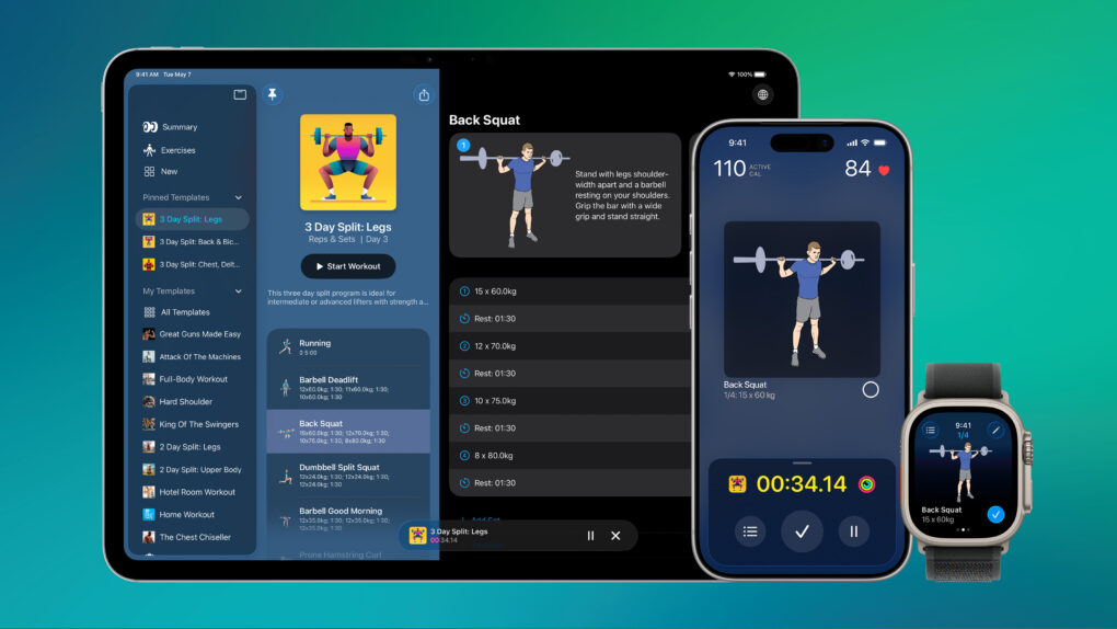 Screenshots showing Reps & Sets 26 strength training app on iPhone, iPad and Apple Watch.