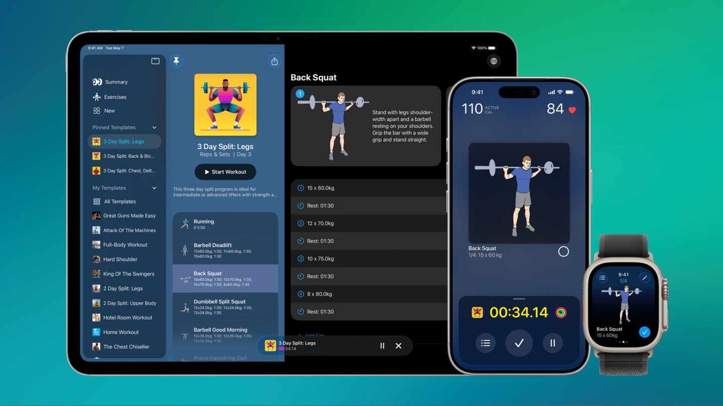 Screenshots showing Reps & Sets 26 strength training app on iPhone, iPad and Apple Watch.