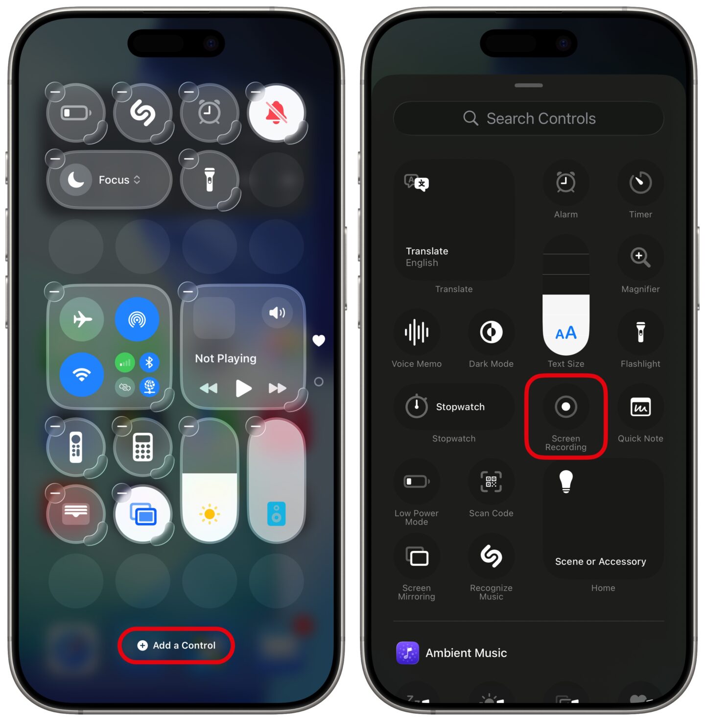 Adding the Screen Recording button to Control Center