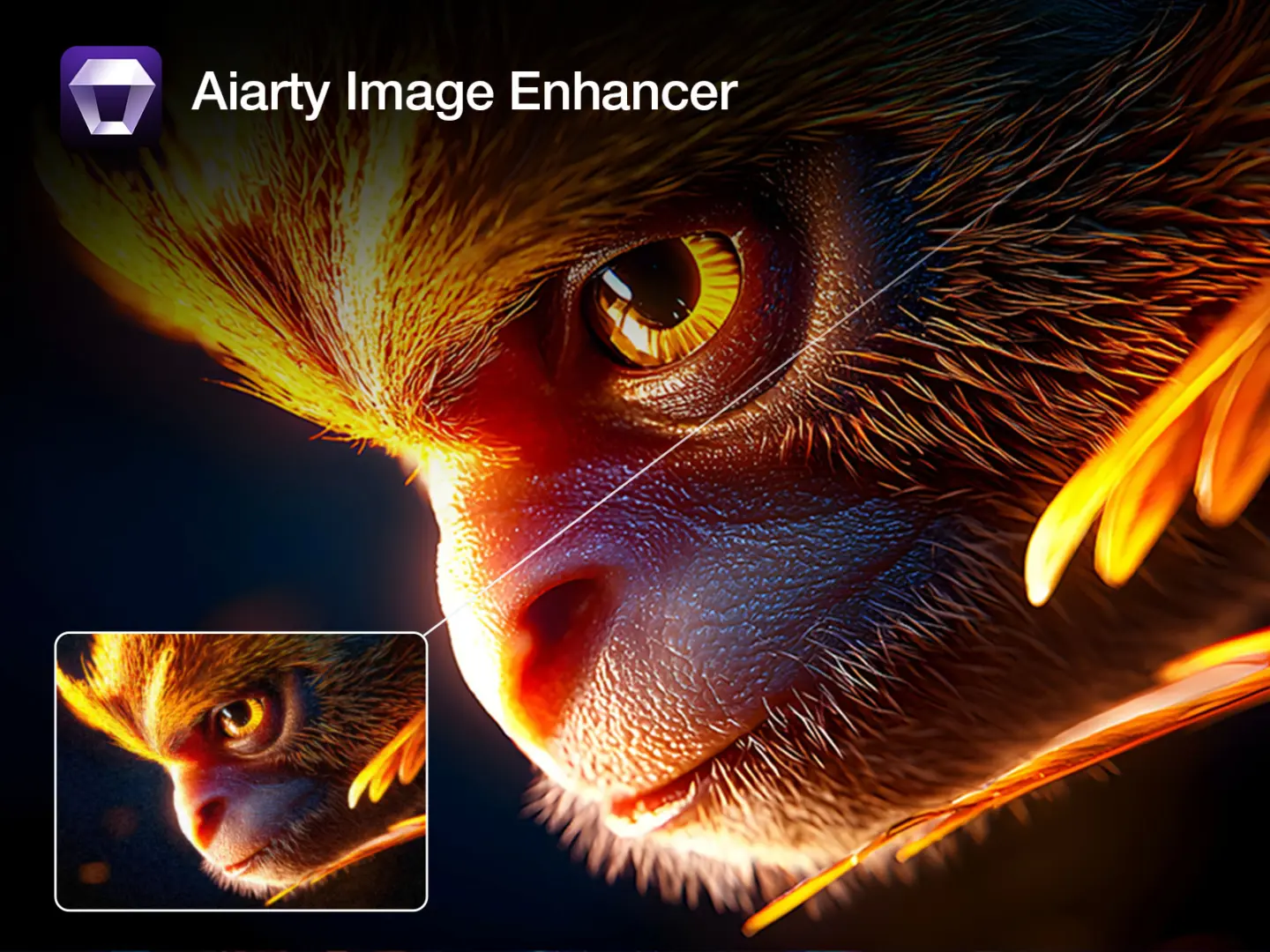 Close-up photo of a monkey's face, with the words "Aiarty Image Enhancer"