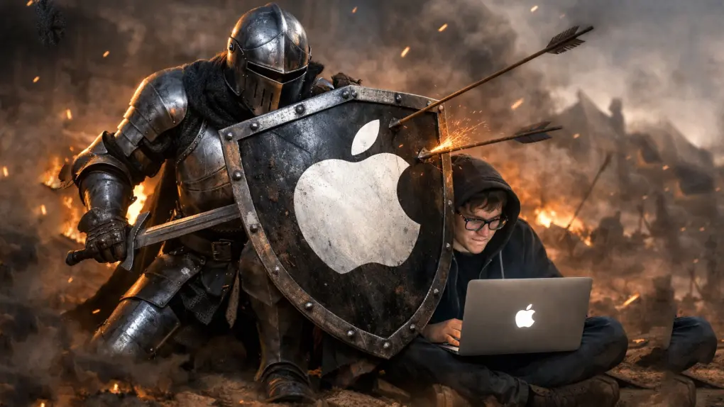 AI image of a knight holding a shield with an Apple logo, protecting a person using a MacBook on some sort of war-ravaged hellscape. Used to illustrate a story on Apple tesing updates to stronger iPhone Background Security Improvements.
