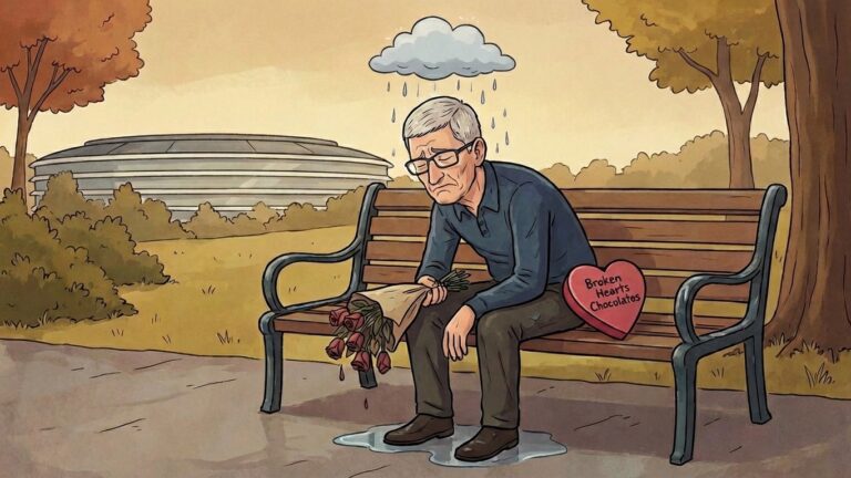 AI-generated cartoon image of Apple CEO Tim Cook sitting on a park bench holding roses and crying, used to illustrate a story about Apple's sweetheart deal with chipmaker TSMC coming to an abrupt end.