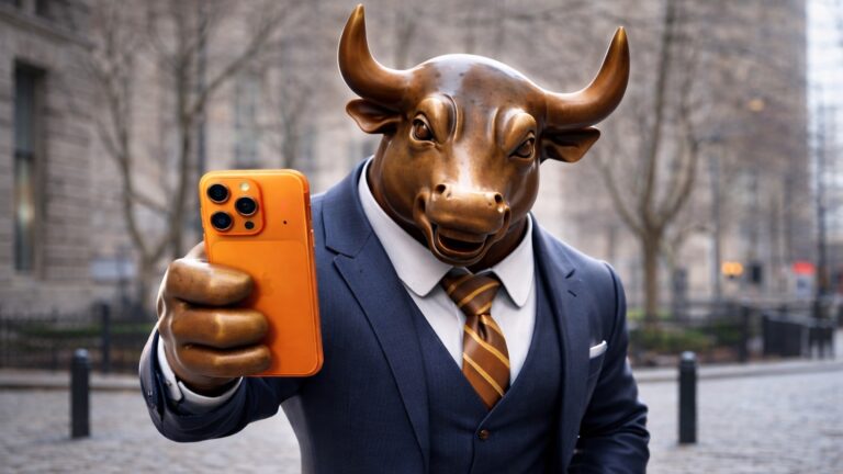 An AI-generated image of a bronze bull dressed in a three-piece suit and holding a cosmic orange iPhone 17 Pro on a city street, used to illustrate an article about Apple being on the verge of a record-smashing earnings report