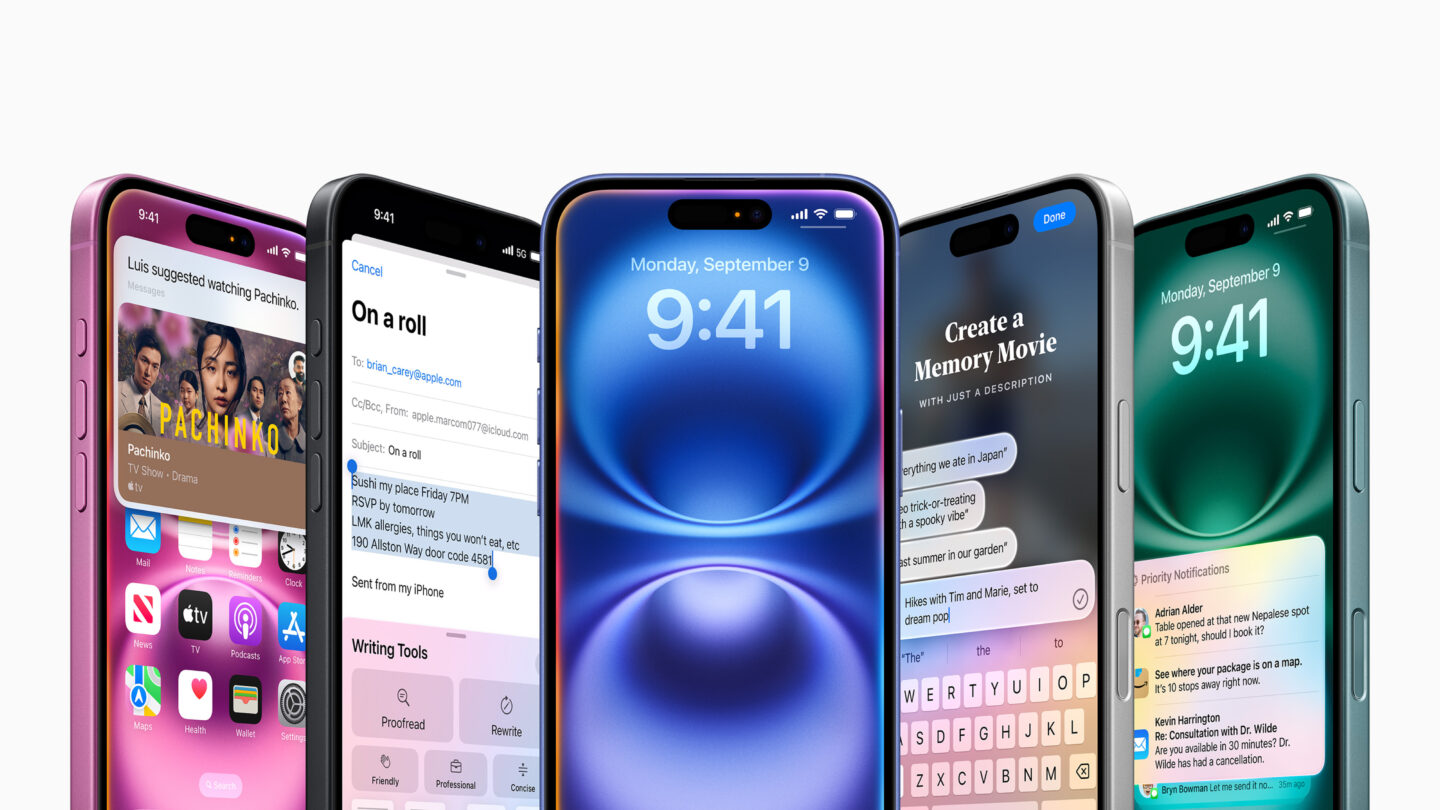 The iPhone 16 running various Apple Intelligence features.