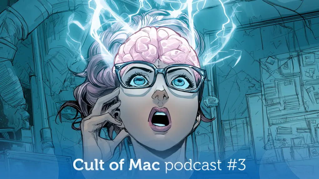 An AI-generated comic book-style image of a person in a laboratory with their brain exposed and lightning bolts, used to illustrate a story about Ciri getting an AI upgrade powered by Google Gemini, as discussed on the Cult of Mac podcast #3.