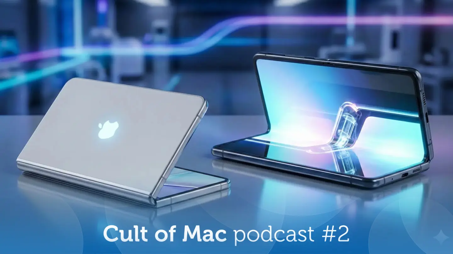 AI image of a folding iPhone, with the words "Cult of Mac podcast No. 2"