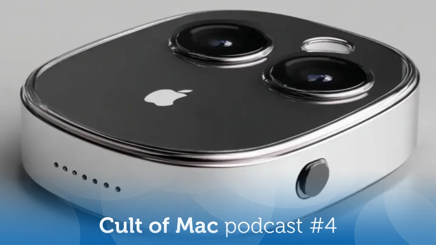 AI image of rumored AI pin wearable, with the words, "Cult of Mac podcast #4."