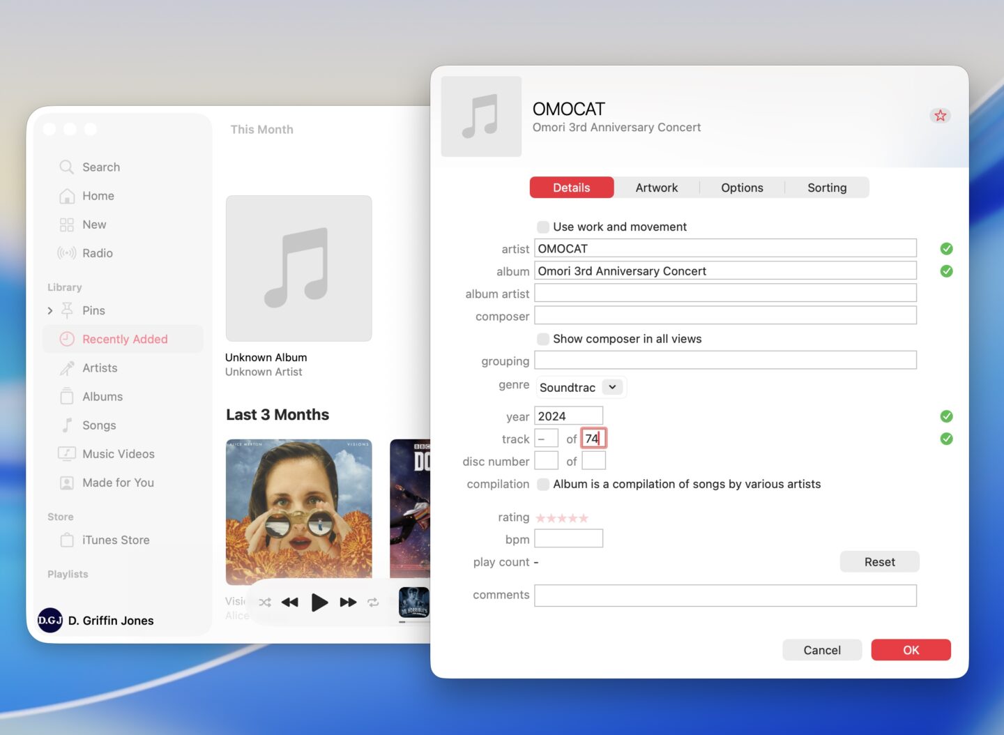 Editing the metadata for an album in Apple Music