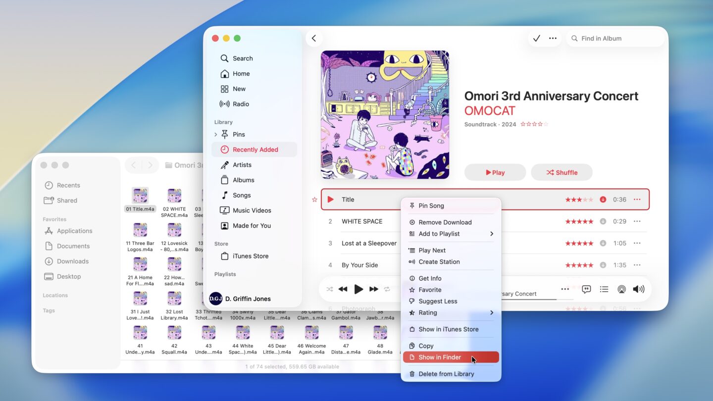 Showing the edited Music files in the Finder