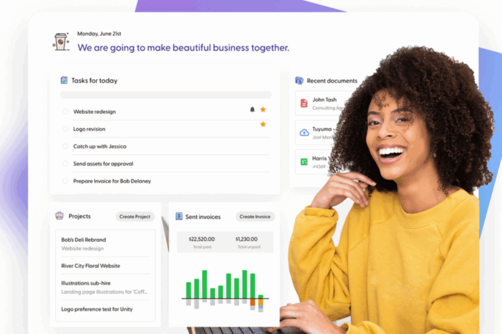 Woman in yellow sweatshirt plus Indy dashboard overlay showing Indy software for freelancers.