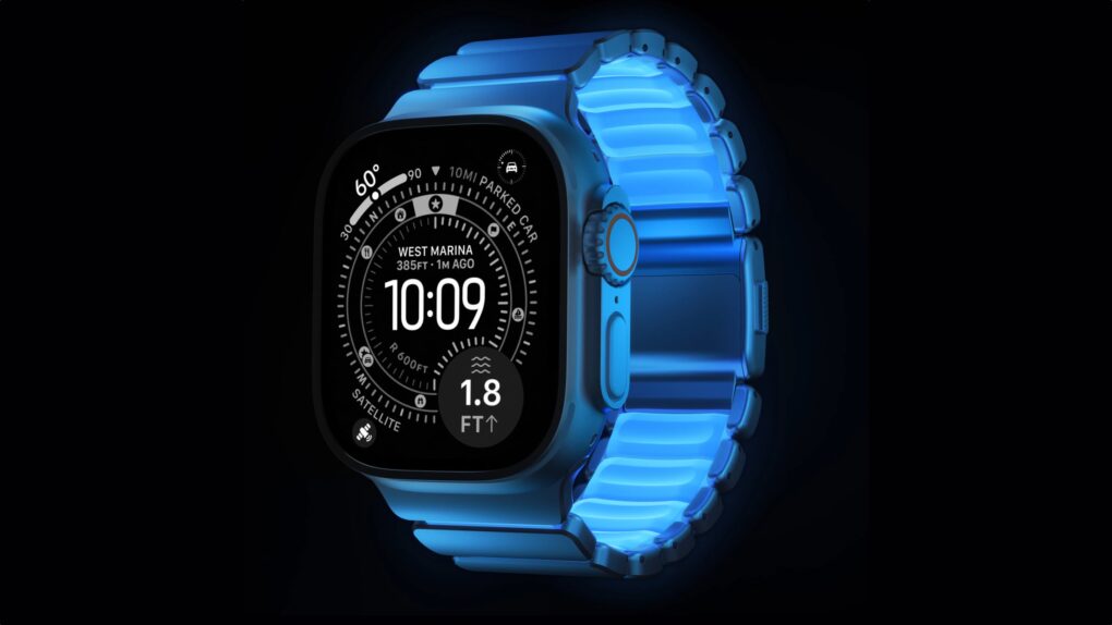 Product shot of Nomad Goods' Stratos Apple Watch band in Icy Blue Glow color