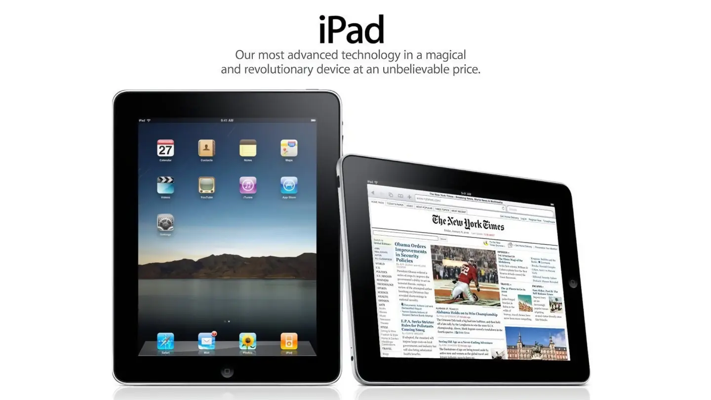 Image from Apple.com showcasing the just-unveiled iPad, with the words "Our most advanced technology in a magical and revolutionary device at an unbelievable price."