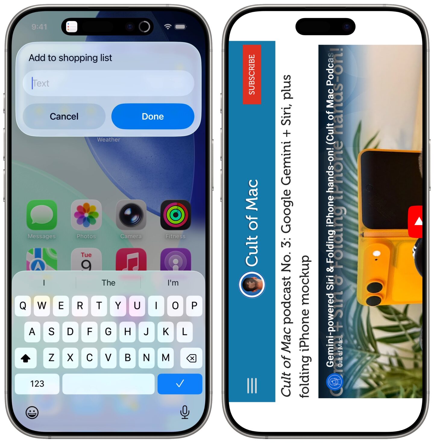 Two iPhone screenshots showing how to use the Action button (and a custom shortcut) to add an item to a shopping list and activate or deactivate rotation lock