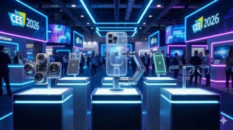 AI image of an iPhone on a convention floor table, used to illustrate a story about best iPhone accessories at CES 2026