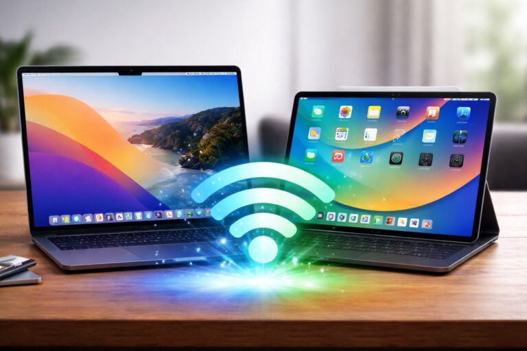 AI image of a MacBook and an iPad, along with the Wi-Fi icon, used to illustrate a story on the speed boost in macOS Tahoe and iPadOS 26.