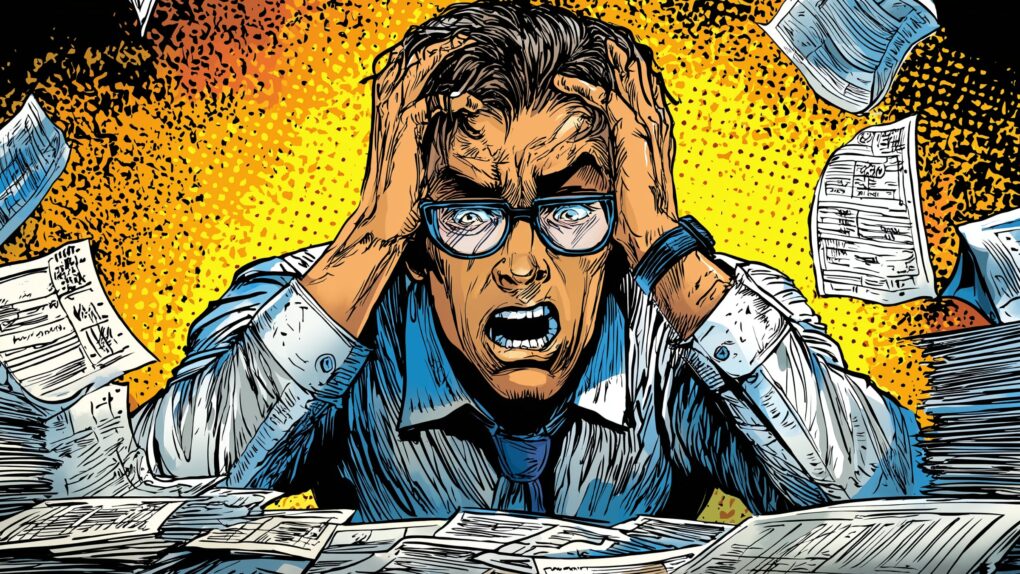 Cartoon image of a frustrated man surrounded by stacks of bills