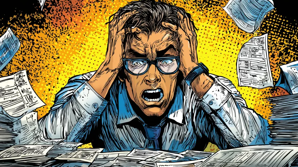Cartoon image of a frustrated man surrounded by stacks of bills