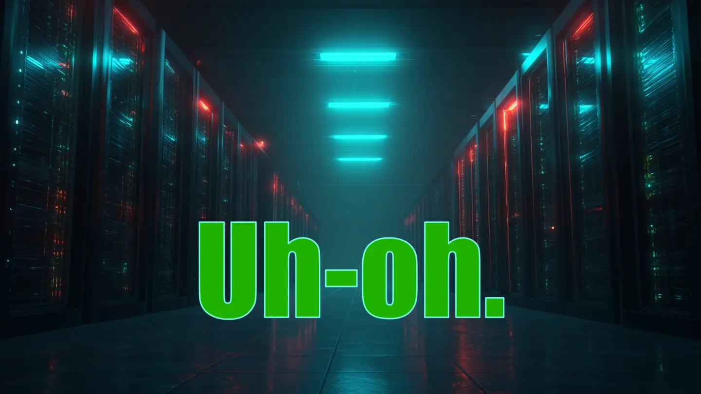 AI-generated image of a dark server room with glowing computers, with the words, "Uh-oh" overlaid, to illustrate a story on how Firehound exposes AI apps leaking user data.