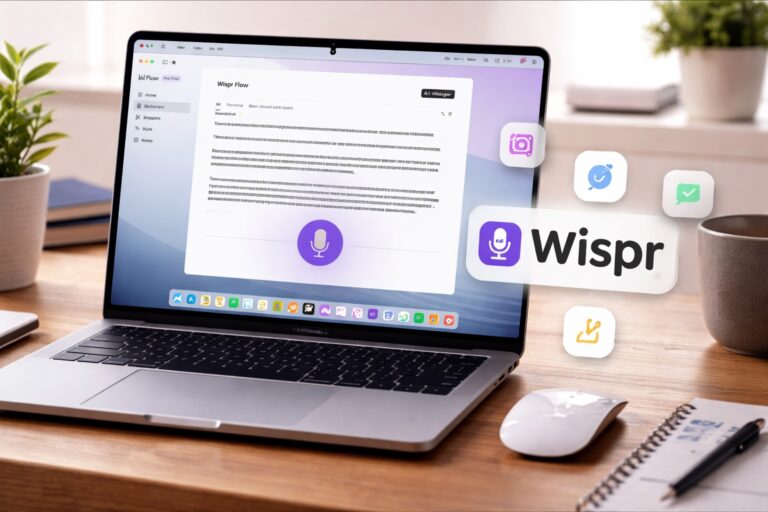 AI-generated image of a desk with a mouse and a MacBook, with Wispr Flow voice translation for Mac running on the screen