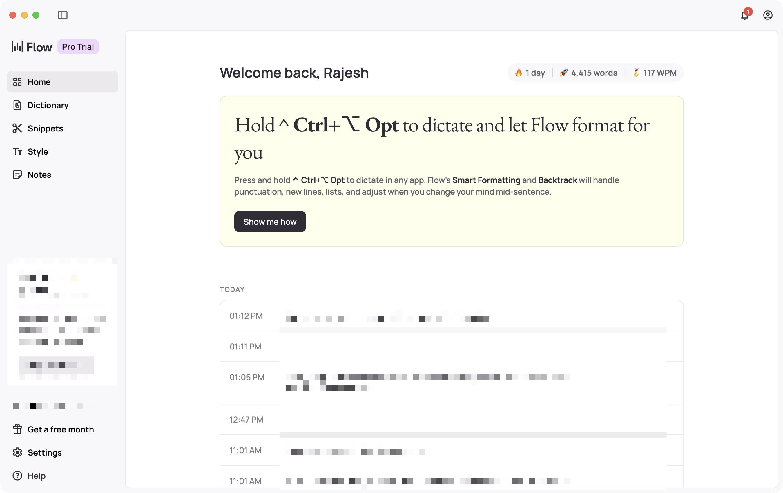 Wispr Flow home screen