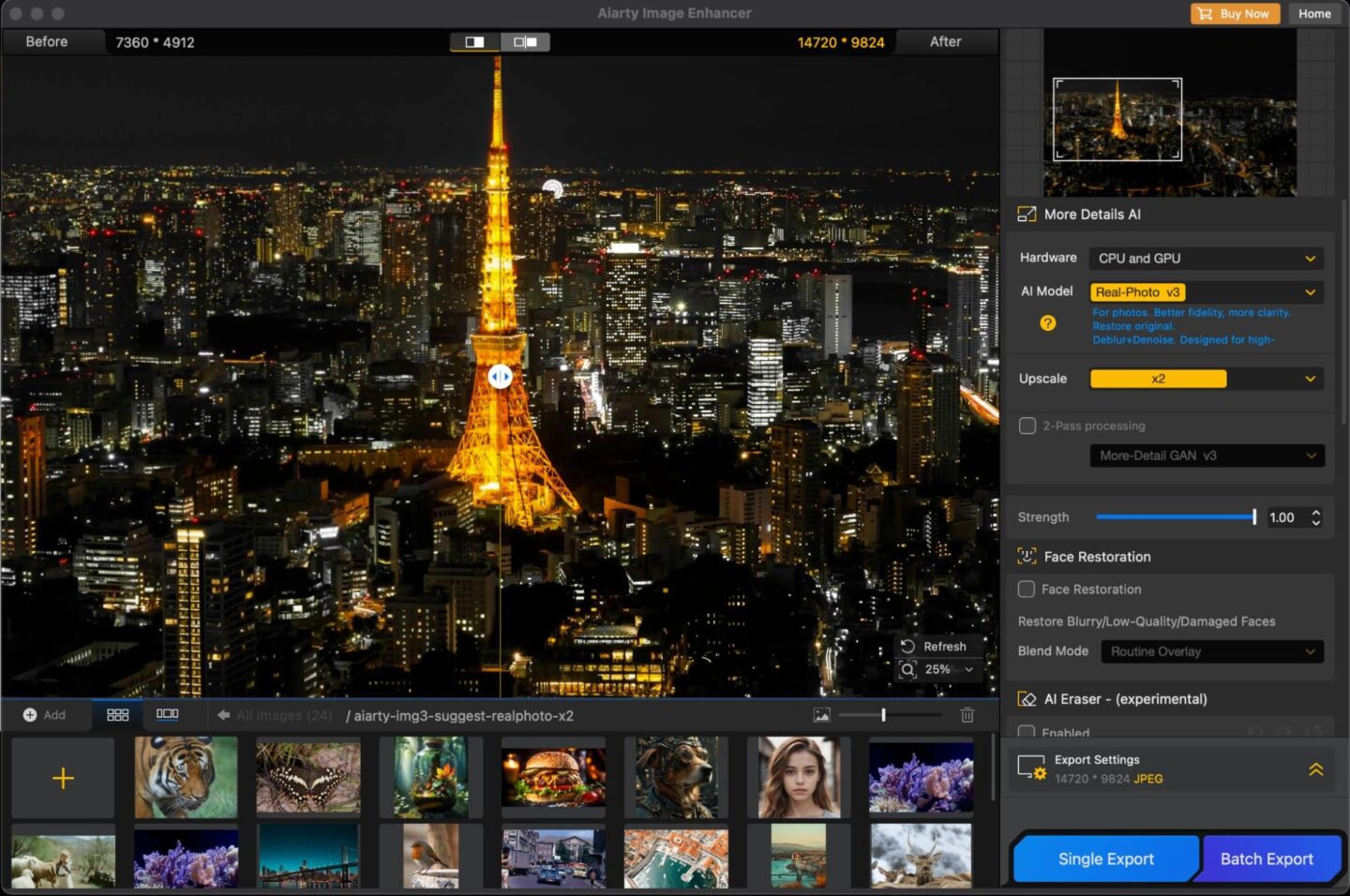 Screenshot showing a photo of the Eiffel Tower being adjusted in Aiarty Image Enhancer