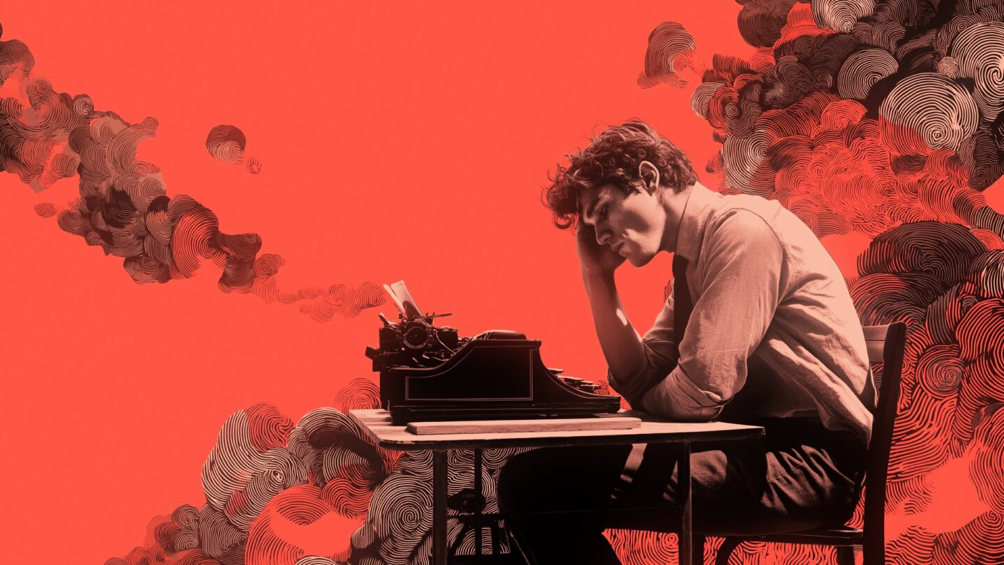 Fantasy illustration of a frustrated man sitting at a typewriter, used to illustrate a deals post on Aivolut Books AI book creator