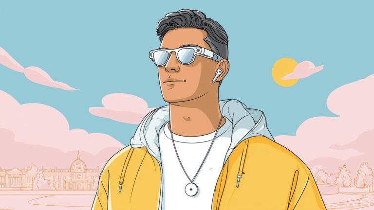 Illustration of a man wearing Apple smart glasses, AirPods with cameras and an AI pendant, all rumored to be coming soon.