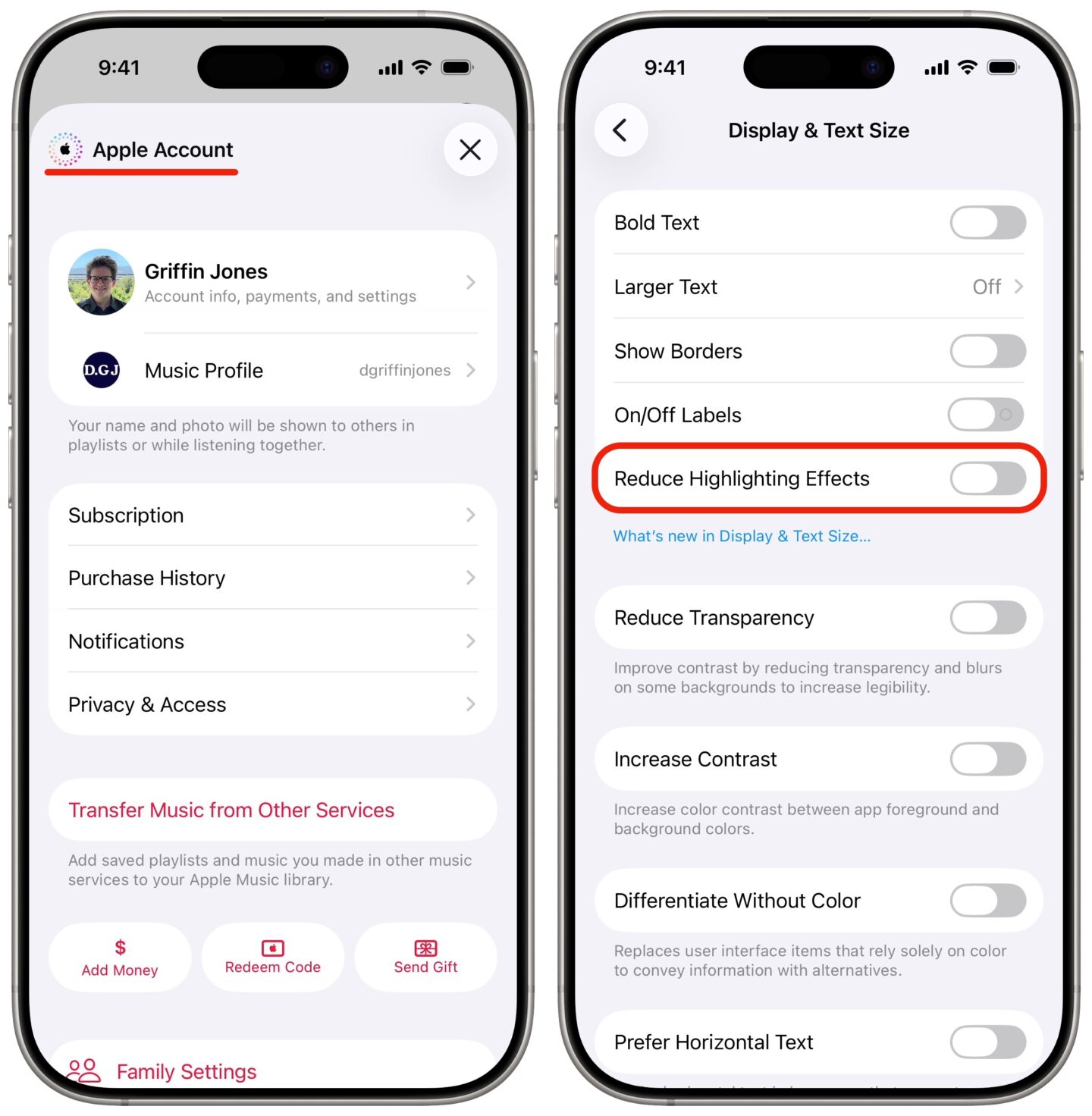Left: The rainbow Apple Account badge. Right: The new Reduce Highlighting Effects setting.