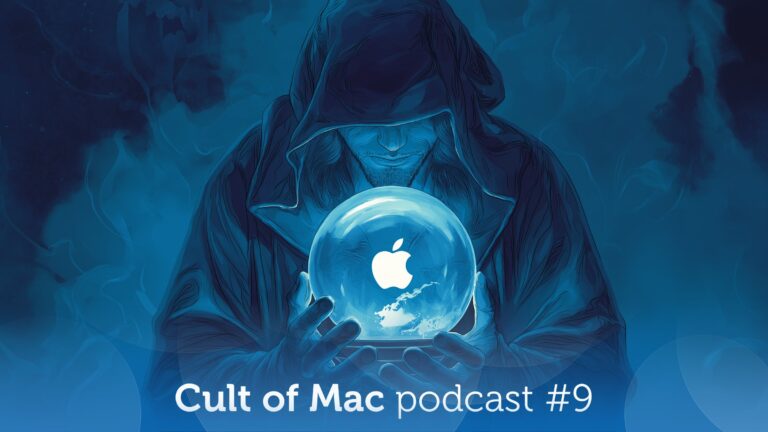 Illustration of a sorcerer holding a crystal ball with a glowing Apple logo inside it, along with the words, 