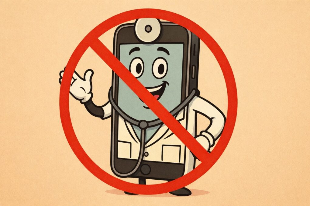 An AI-genearted cartoon image of an iPhone dressed as a doctor and wearing a stethoscope, with a large red general prohibition sign superimposed over it